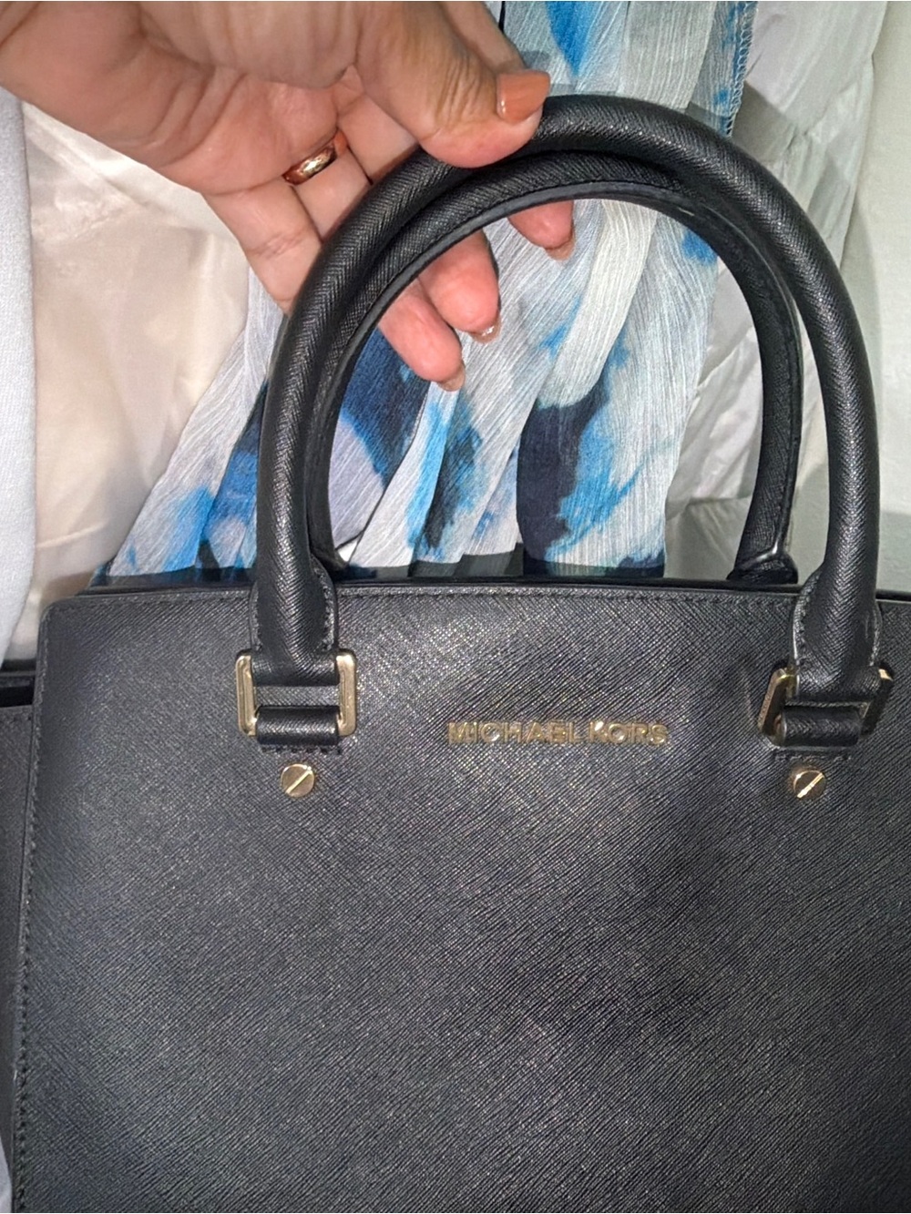 Michael Kors Black Saffiano Leather Top-Handle Satchel with Gold Hardware